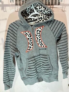 Hurley Gray Zip Hoodie with Leopard Accent and Orange Trim
